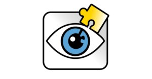 Project Logo - shows a drawing of an open eye white blakc contours. The eye has an eye with a blue iris and black pupil and you see holes in the iris as if there is a puzzle bit missing. Above the eye is a yellow puzzle piece, kind of hanging there.