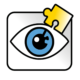 Project Logo - shows a drawing of an open eye white blakc contours. The eye has an eye with a blue iris and black pupil and you see holes in the iris as if there is a puzzle bit missing. Above the eye is a yellow puzzle piece, kind of hanging there.