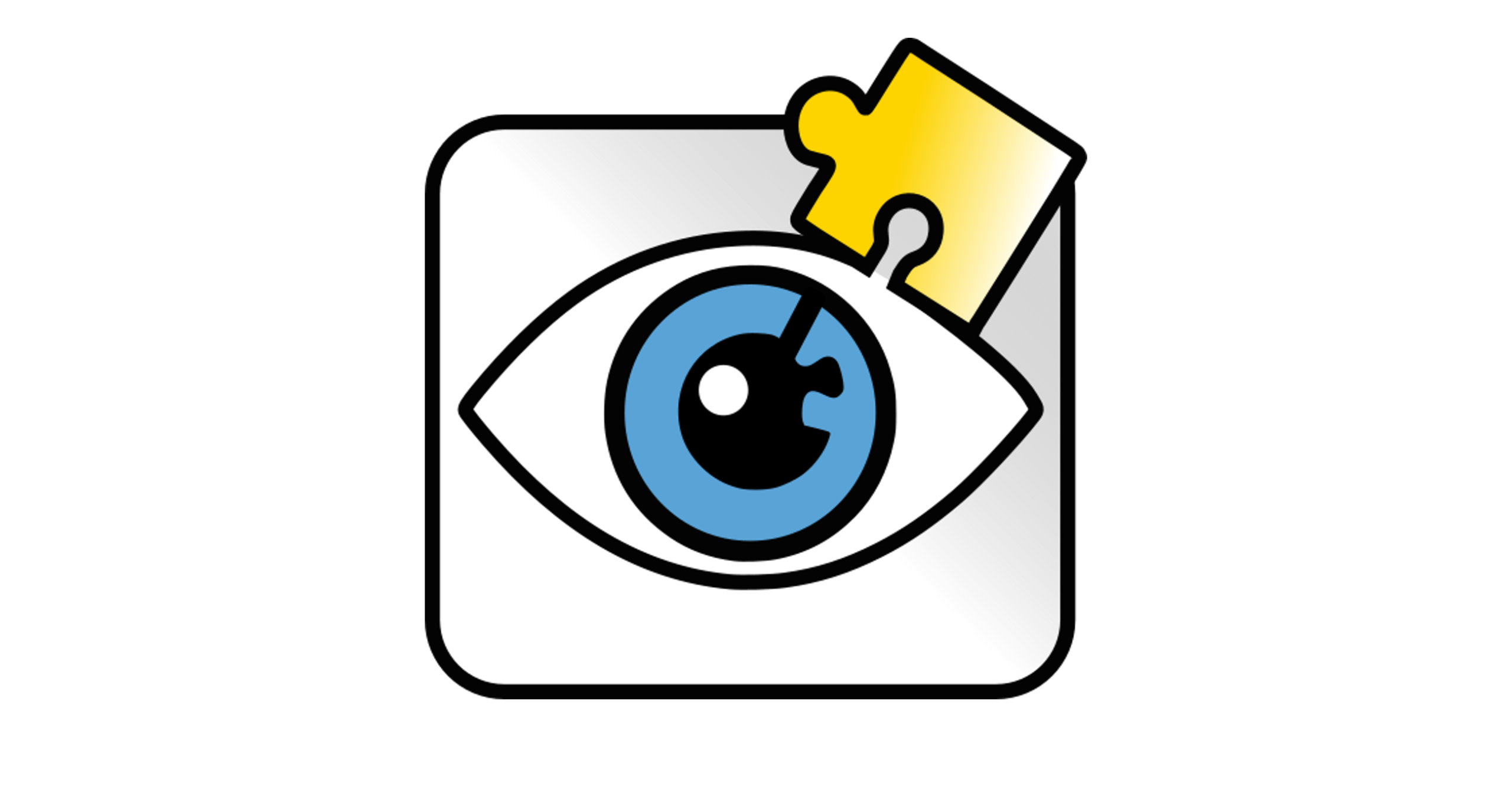 Project Logo - shows a drawing of an open eye white blakc contours. The eye has an eye with a blue iris and black pupil and you see holes in the iris as if there is a puzzle bit missing. Above the eye is a yellow puzzle piece, kind of hanging there.